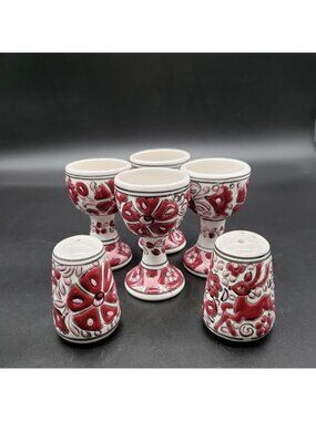 Greek Pottery Arris Rhodes Red Egg Cups Set of 4 + Salt Pepper Shakers VTG